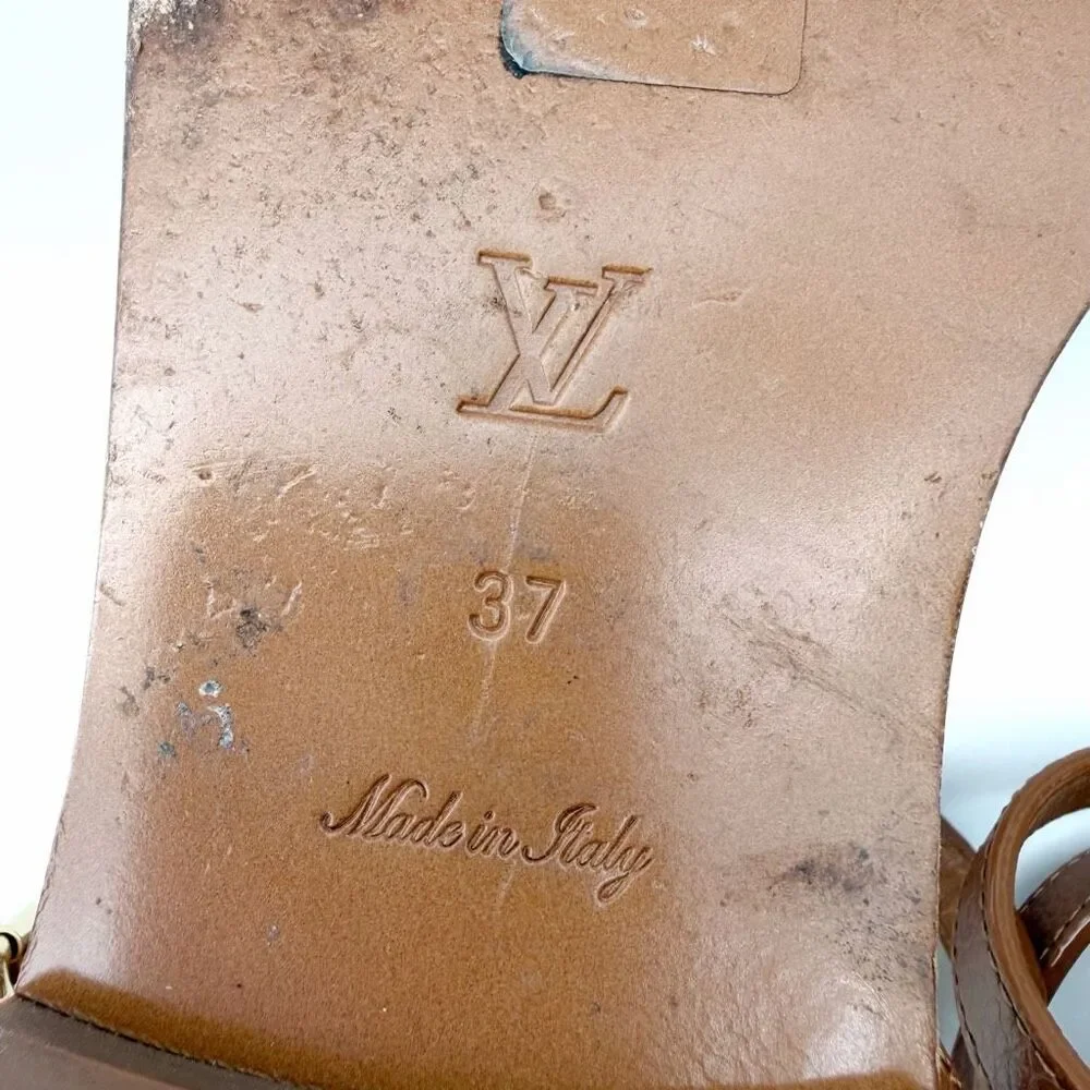 LOUIS VUITTON Explorer Flat Sandal Size 37 Cognac Brown White Monogram Flower